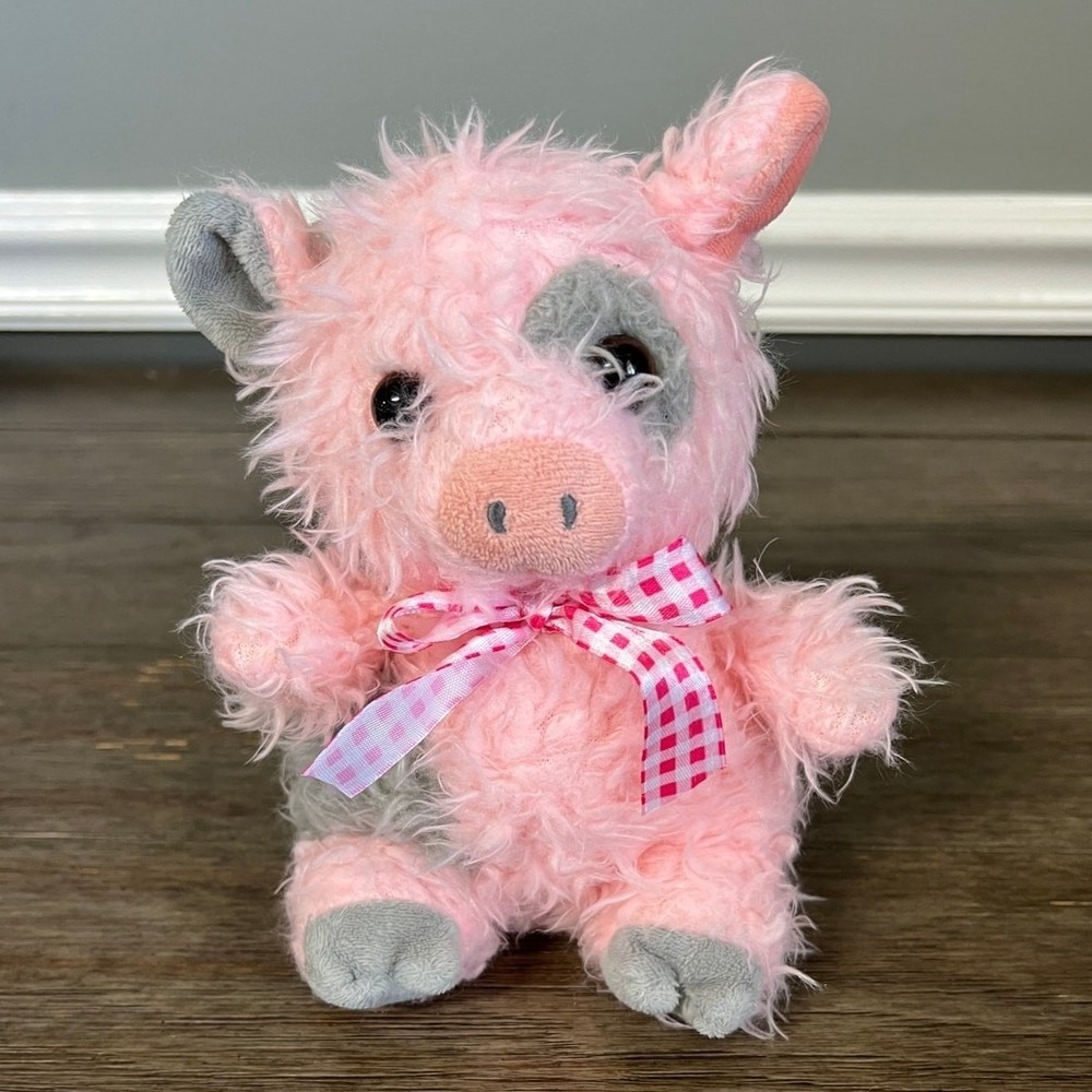 Pink Shaggy Pig Plush Stuffed Animal Grey Eye Patch Checkered Bow Walmart